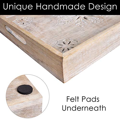 Rustic Wooden Serving Tray with Handles - Stylish Farmhouse Tray for Coffee Table, Ottoman Tray for Living Room, Breakfast in Bed Tray - Decorative Mango Wood Serving Tray in Whitewash Finish (Small) - Thumbnail 4