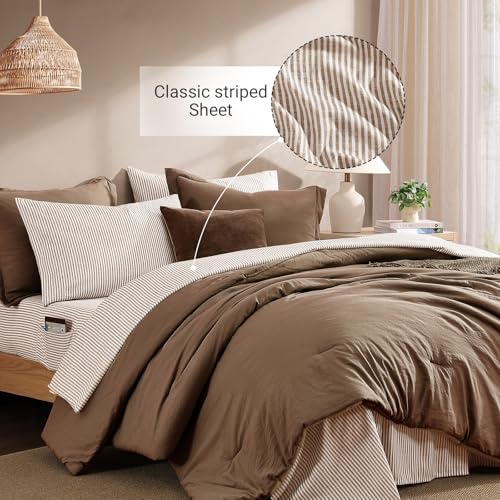 Image of Monbix King Size Comforter Set- 7 Pieces Soft Bed in a Bag King Bedding Set | All Season Brown Prewashed Comforter with Striped Sheets, Pillowcases & Shams