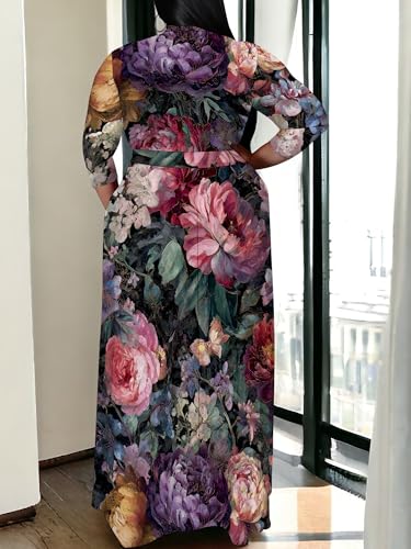 Image of SUZONANA Plus Size Maxi Dresses for Curcy Women Casual Loose 3 /4 Sleeve Long Dress with Belt