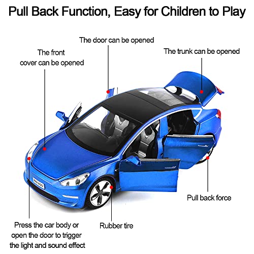 Diecast Car Toys Compatible For Tesla Model 3 Replica, 1:32 Scale Alloy Model 3 Toy Car Pull Back Car Model With Sound And Light Toy Vehicles, Mini Model 3 Play Car For Kids Birthday Xmas Gift (Blue) #TOP2