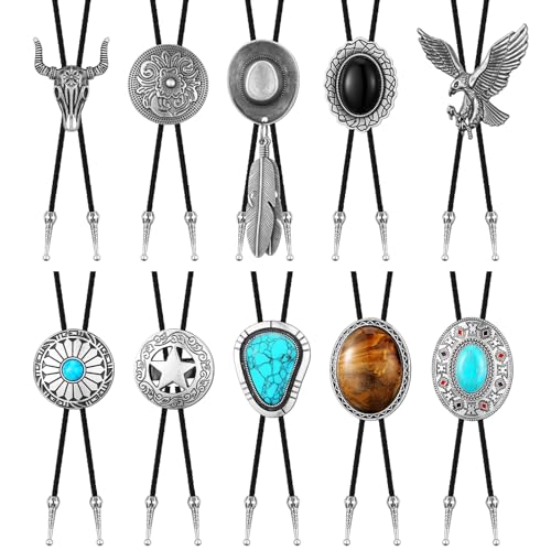 Image of 10 Pcs Bolo Tie for Men Women Western Cowboy Accessories Leather Necktie with Tiger Eye Stone Costume Accessories