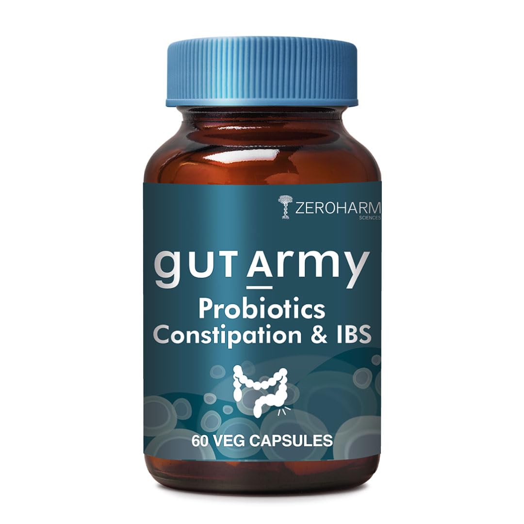 ZEROHARM Gut Army Probiotics Constipation & IBS - With Prebiotics, Psyllium Husk & Pipperment Extract - Improves Digestion & Gut, Colon Cleanse, Bloating Relief - for Men & Women - 60 Veg Capsules