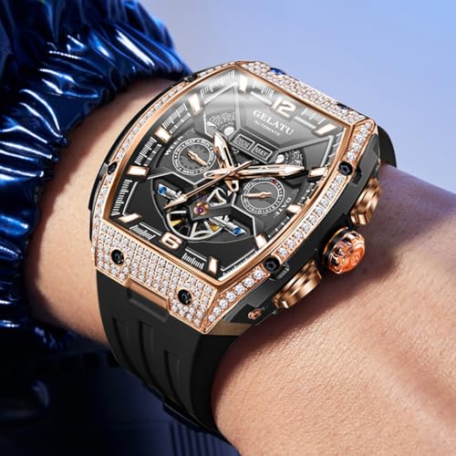 Image of OLEVS GELATU Men Watch Automatic Tonneau Watch Skeleton Mechanical 50M Waterproof Sapphire Crystal Square Face Multi Calendar Function