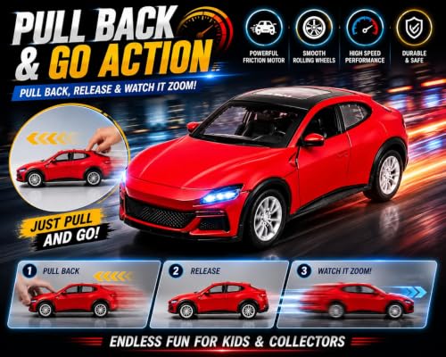 Image of TEC TAVAKKAL 1:36 Scale Diecast Metal Toy Car with Openable Doors, Pull-Back Action, LED Lights & Music - Premium Mini Sports Car Model for Kids & Collectors (Porsche Red)