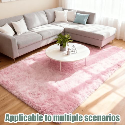 Tapis de chambre shaggy lavable et antidérapant avec poil long épais rose