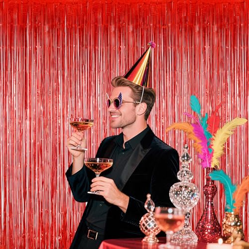 Image of Red Foil Fringe Curtains Tinsel Backdrop for Birthday Party Decorations