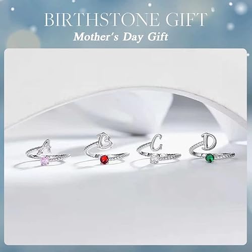 Miniatura 6 de AILAAILA Anillo ajustable de letra inicial de la A a la Z Anillos de piedra natal de 1 a 12 meses para niñas y mujeres Anillo apilable