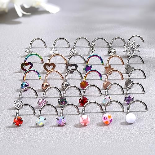 MILACOLATO 30Pcs Nose Rings Studs for Women Men 316L Stainless Steel Nose Piercings Jewelry 18G 20G Straight L Shaped Corkscrew Nose Rings Cubic Zirconia Opal Nose Studs Hypoallergenic4