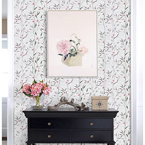 JOLIHOME White and Grey Wallpaper Vintage Leaf and Flower Peel and Stick Contact Paper Green and Pink Wall Sticker Sticky Back Plastic Vinyl Film Rolls for Bedroom Kitchen Waterproof 44.5x500cm