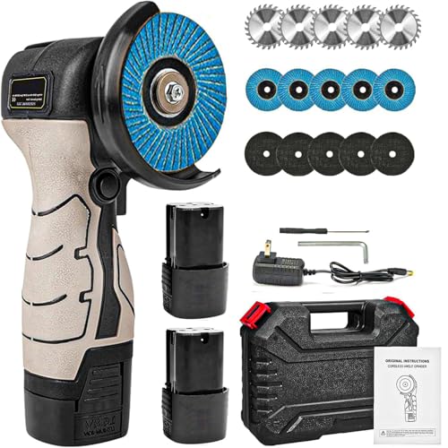 Cordless Brush Angle Grinder Kit Mini Electric Angle Grinding Tool 13000RPM with 2pcs 16.8V 2000mAh Batteries and 15-Cutting Discs Power Angle Grinder for Wood Metal Stone Concrete