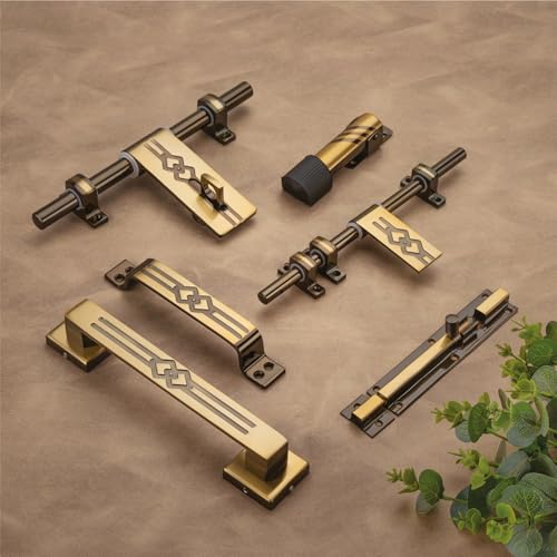 Image of COMPASS Seiko Stainless Steel Heavy Single Door Fitting Accessories Full Set /Kit (1 Aldrop, 1 Latch, 2 Handles, 1 Tower Bolt and 1 Door Stopper | 10 inch | Vintage Finish