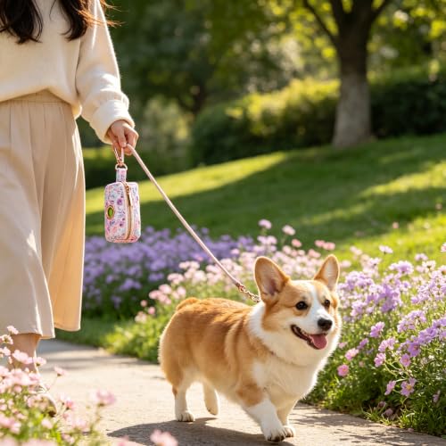 Image of ARING PET Floral Dog Poop Bag Holder, Cotton Puppy Purple Rose Waste Bag Dispenser Attach to Any Leashes, Portable Washable Pet Waste Pouch Holder with Two Rolls of Bags