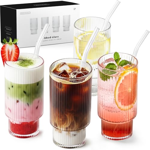 EDELHAUS Gläser Set 4-teilig mit Strohhalm (300ml) - Geriffelte Cocktailgläser, Riffle, Ripple Aesthetic, Gin, Trinkgläser Set, Longdrinkgläser, Matcha Gläser