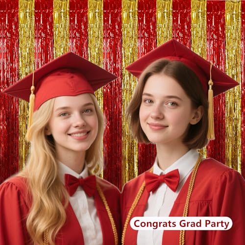 Image of BEISHIDA Red Gold Door Streamers Backdrop Foil Fringe Tinsel Party Streamers Curtains Photo Backdrop for Birthday Graduation Christians Party Decoations