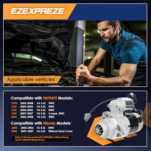 Image of Ezexpreze 17904N New Starter Compatible with Infiniti G35 2003-2007, M35 2006-2008, FX35 2003-2008 & Nissan 350Z 2003-2007, 3.5L, 12V 1.4KW 10-Teeth Clockwise, Replace# 23300AM600, 23300AM60A