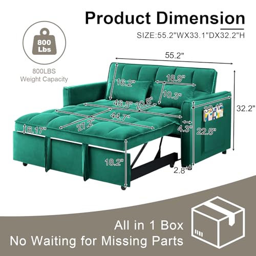 Image of 3 in 1 Folding Convertible Sofa Bed, 55'' Pull Out Couch Bed with Side Pocket, Velvet Fabric Loveseat Sleeper Sofa with Adjustable Backrest, Easy Assembly,Perfect for Living Room, Green
