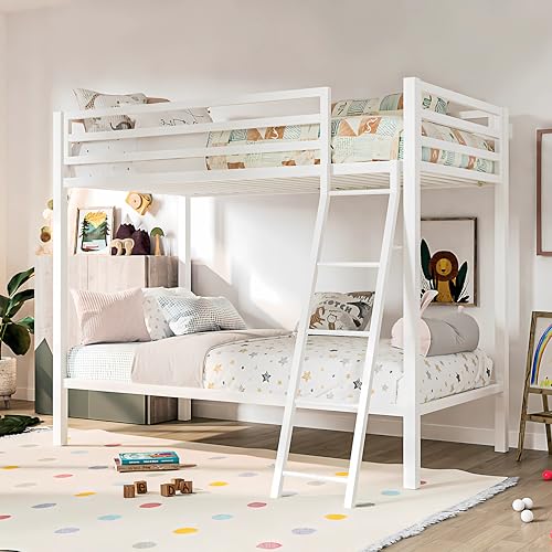 IMUsee Bunk Bed Twin Over Twin Size With Ladder, Metal Bed Frame With Sturdy Guardrail, Space-Saving Design, No Box Spring Needed, Noise Free, White, Painted