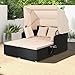 COSTWAY Sonnenliege Rattan für 2 Personen, Gartenliege mit Dach, Auflage, Kissen & ausklappbaren Seitentischen, Sonneninsel, Doppelliege, Sonnenbett, Loungebett für Garten, Terrasse (Gelblich)