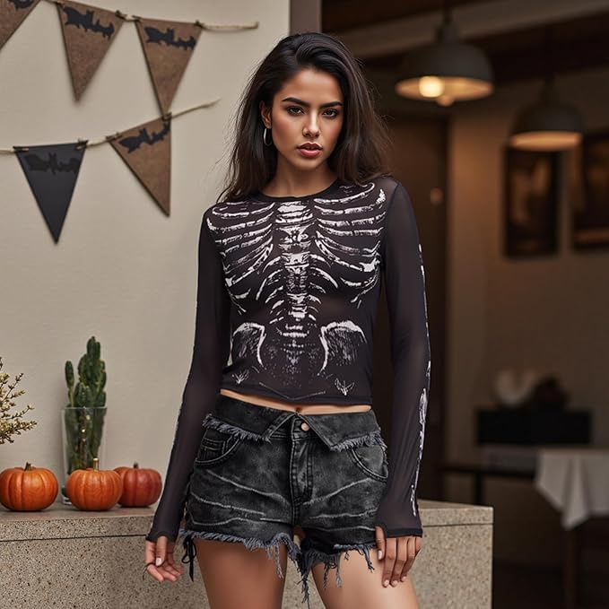 Women Halloween Mesh Skeleton Print Tops Y2k Black Long Sleeve Sheer Fitted Skull Horror Crop Shirt Going Out - Image 3