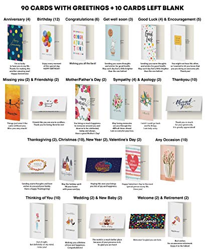 Dessie 100 Large All Occasion Greeting Cards Assortment w/Greetings Inside. Birthdays, Sympathy, Thinking Of You etc. Card Organizer Box With Dividers, Colored Envelopes, Gold Seals, Events Calendar.
