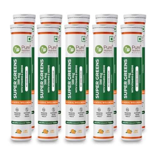 Image of Pure Nutrition Super Greens 200 Effervescent Tablets (20x10) with Moringa, Spirulina, B Vitamins | 14+ Vitamins, Herbs, Superfoods & Antioxidants for Immunity & Overall Wellbeing