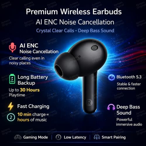 Image of Buds T110 Bluetooth Truly Wireless in Ear Earbuds Compatible with Realme mic, AI ENC for Calls, Google Fast Pair, 38 Hours Total Playback with Fast Charging and Low Latency Gaming Mode(Black)