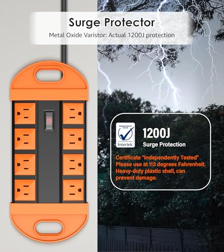 Image of CCCEI Outdoor Power Strip Weatherproof with 8 Plug, Waterproof Extension Cord with Multiple Outlets, Christmas Exterior Garden Yard Surge Protector 15FT, Orange.