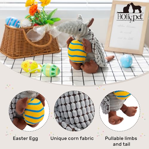 Image of Hollypet Plush Dog Squeaky Toy Stuffed Armadillo Animal Pet Puppy Chew Toys with Clean Teeth for Small Medium Large All Breed Sizes Dogs, Gray, 8 in, Yellow Egg with Blue Stripes