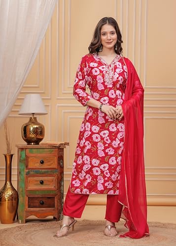 Image of MANHAREE | Women's Rayon Printed Straight Kurta with Pant & Dupatta Set