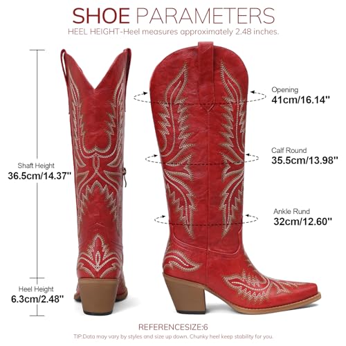 Image of Tscoyuki Cowboy Boots for Women: Embroidered Western Knee High Boots Women - Pointed Toe Chunky Heel Cowgirl Tall Boots
