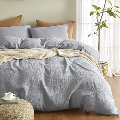 SE SOFTEXLY Muslin Duvet Cover King Size, 100% Washed Cotton Duvet Cover Set, Ultra Soft Comforter Cover Linen Like, 3 Pieces Minimalist Gauze Duvet Cover with 2 Pillowcases, 90"x104", Light Grey