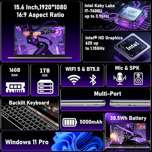 Image of Gaming Laptop 2026,15.6 Inch Laptops Computer with 16GB RAM 1TB SSD,Intel Core i7(Up to 3.9GHz),Windows 11 Pro & Office Included,Backlit Keyboard,Portable Laptop for Gaming College Student Business