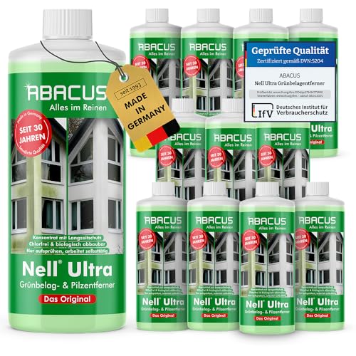 ABACUS® Nell Ultra Grünbelagentferner & Algenentferner Konzentrat, extrem stark! Entfernt Grünbelag & Algen selbsttätig ohne zu Schrubben – für Stein, Fassade, Terrasse, Dach – Nell Ultra 12x 1000 ml