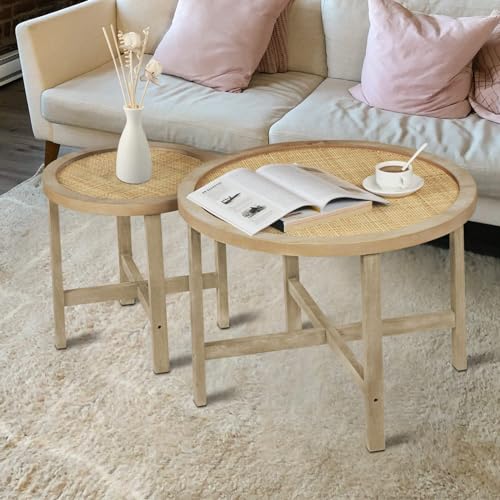 Giluta Rattan Nesting Coffee Table Set of 2, Boho Farmhouse Round End Table Table with Natural Hand-Woven Top and Wood Legs, Modern Side Table for Living Room Bedroom