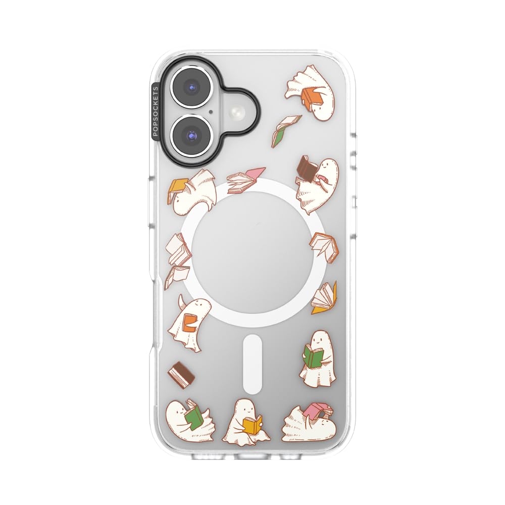 PopSockets Coque pour iPhone 16 Compatible avec MagSafe, Coque de téléphone pour iPhone 16, Compatible avec Chargement sans Fil, Coque Uniquement – Spooky Book Club Transparent