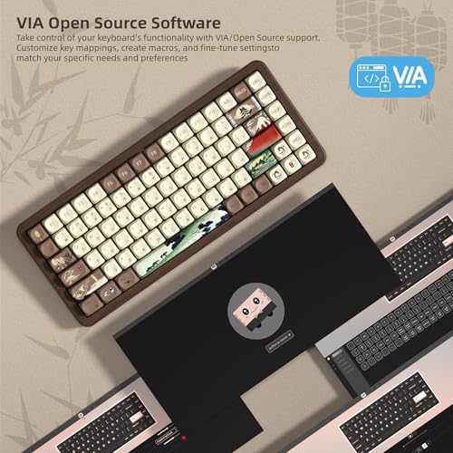 Image of Womier 75% Wireless Creamy Keyboard with Wood Shell, QMK /VIA WD75 V2 | Retro Mechanical Gaming Keyboard 8000mAh Battery,Tri-Mode Custom Keyboard RGB Hot Swappable,MOA Japanese Keycap-Linear Switch