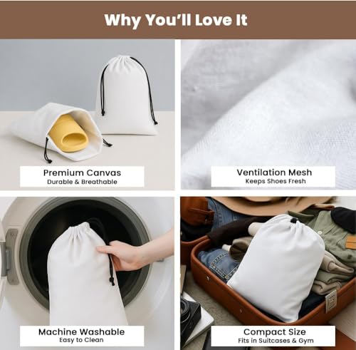 Image of LFH Cotton Rich Shoe Storage Bags with Drawstring, Dustproof Breathable Reusable Organizer, Perfect For Travel, Dorm, Hotel, College, Gym, Easy to Carry, Machine Washable 8 inchx17 inch (Pack of 2) - White