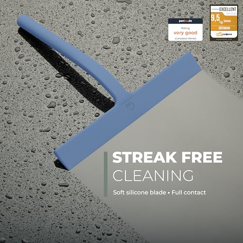 Image of GUTEWERK Silicone Shower Squeegee for Glass Doors & Mirrors with Stainless Steel Core, Streak-Free & No-Squeak Window Cleaning, 3-in-1 No-Drill Mount (Hook /Suction /Adhesive),Blue, 9 Inches