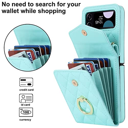 XIMAND for Samsung Galaxy Z Flip 4 Wallet Phone Case with Ring and Adjustable Crossbody Strap, Stylish and Muti-funtional Accordion Style Flip Case with 4 Card Slots for Women and Girls.(Green)