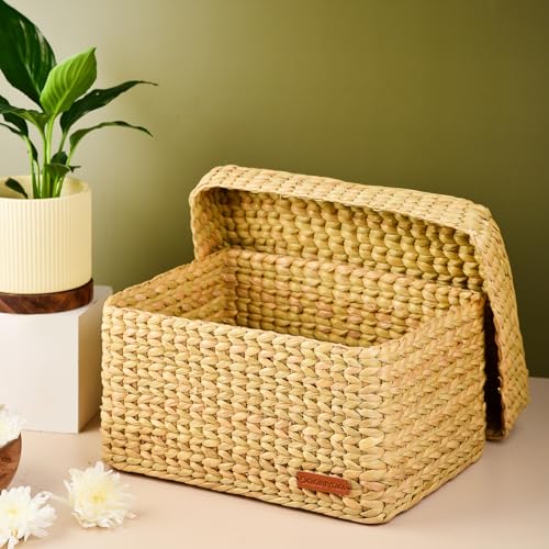 Image of Handwoven Seagrass Storage Basket with Lid | Natural Eco-Friendly Organizer Box for Home, Kitchen, Wardrobe, Bathroom, Toys & Accessories | Decorative Multipurpose Basket