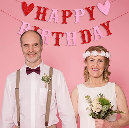 Image of FestikoGlitter Happy Birthday Banner for Valentine's Day Red Pink Glittery Valentines Day Happy Birthday Garland Banner and Heart Garland Valentines Themed Birthday Party Decorations Decor Supplies