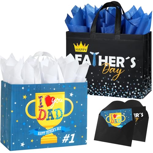 STYPOP 2 Pack 13 Fathers Day Gift Bags with Tissue Paper Reusable Non-Woven Fathers Day Bags for Men/Dad/Grandpa Medium Men Gift for Party Favor 12.8*10.2*6.3