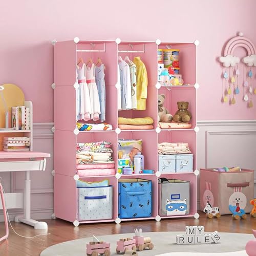 Image of Mevigo 12-Door Plastic Kids Wardrobe Foldable Almirah with Hanger Space |Portable Closet for Baby Clothes & Toys | DIY Printed Modular Kids Cupboard Organizer for Home,Nursery & Bedroom -Pink- C3