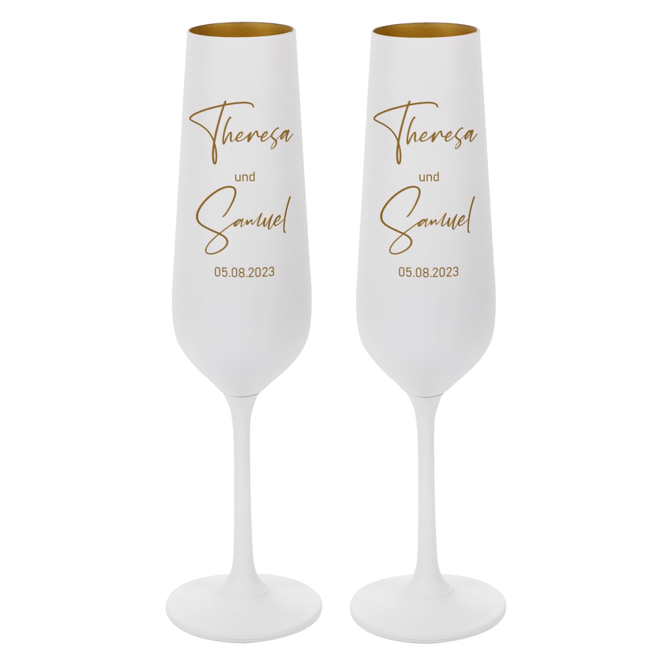 Herz & Heim® edle weiße Sektgläser mit Gravur zur Hochzeit 2er Set außergewöhnliche Hochzeitsgeschenke für Brautpaar personalisiert mit Namen Modern