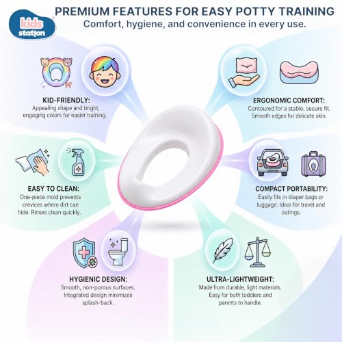 Image of Kids Station Baby Portable Baby Potty Training Toilet Seat Cover with Non-Slip Base, Splash Guard, and Storage Hook-Ideal for 1-5 Year Child, Fits Round & Oval Western Toilets, Toddler Travel-Friendly