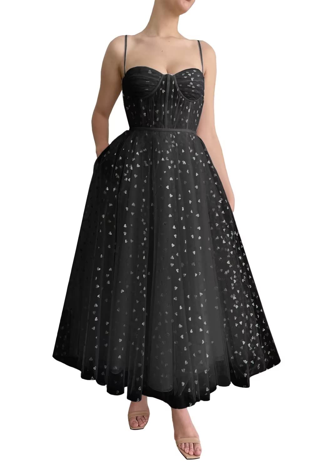 Off Shoulder Hearty Tulle Prom Dresses Tea Length A-Line Ruffle Formal Evening Party Gowns for Women