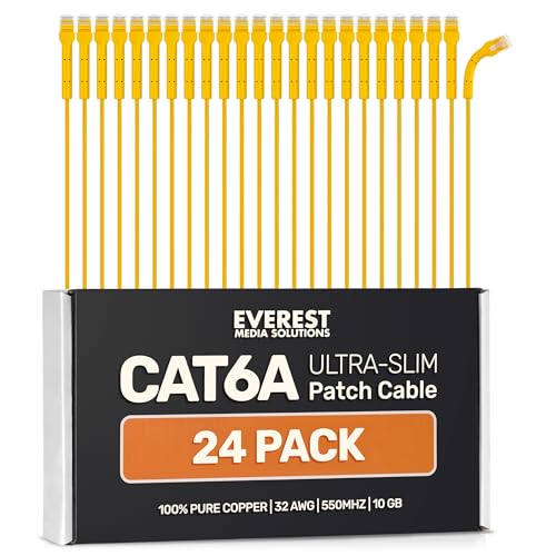 Image of Everest Ultra Slim Cat6a Ethernet Patch Cables 10ft (24-Pack) Yellow | Bendable, Thin and Flexible