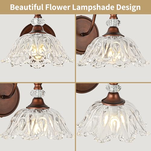 Image of 1-Piece Antique Red Bronze Vintage Wall Sconce with Floral Clear Glass Shade, Farmhouse Wall Mount Lighting for Bathroom,Vintage Bathroom Vanity Light Fixtures