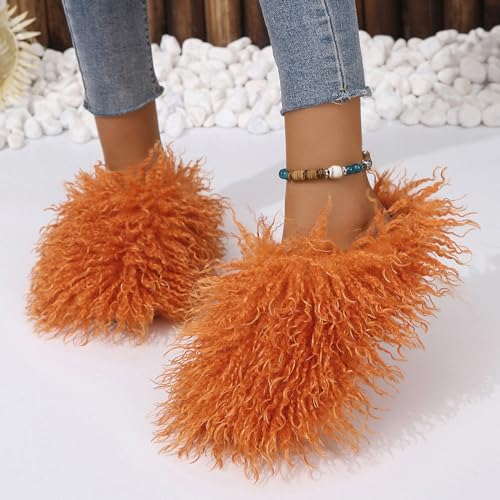 Image of Unisex Fuzzy Faux Fur Slippers, Women's Fluffy Long Hair Sheep Faux Fur Slip on Slides, Girls Luxury Big Fluffy Outdoor Flat Slippers, Long Curly Hair Non-Slip Warm Home Slide Shoes