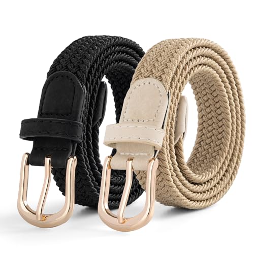 2 Pack Braided Elastic Belts for Women with Gold Buckle, Adjustable Stretch Belt for Jeans Pants Golf